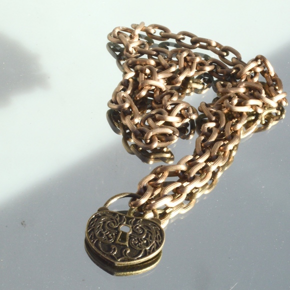 Conceptual Subculture Jewelry - Heart Lock Pendant Necklace Brass Chain Long Cable